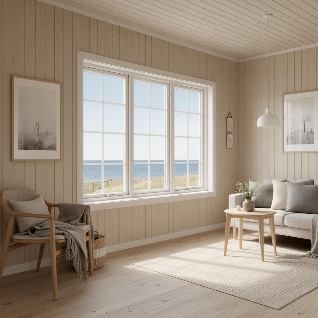 Indvendigt sommerhus med varme cremefarvede vægge