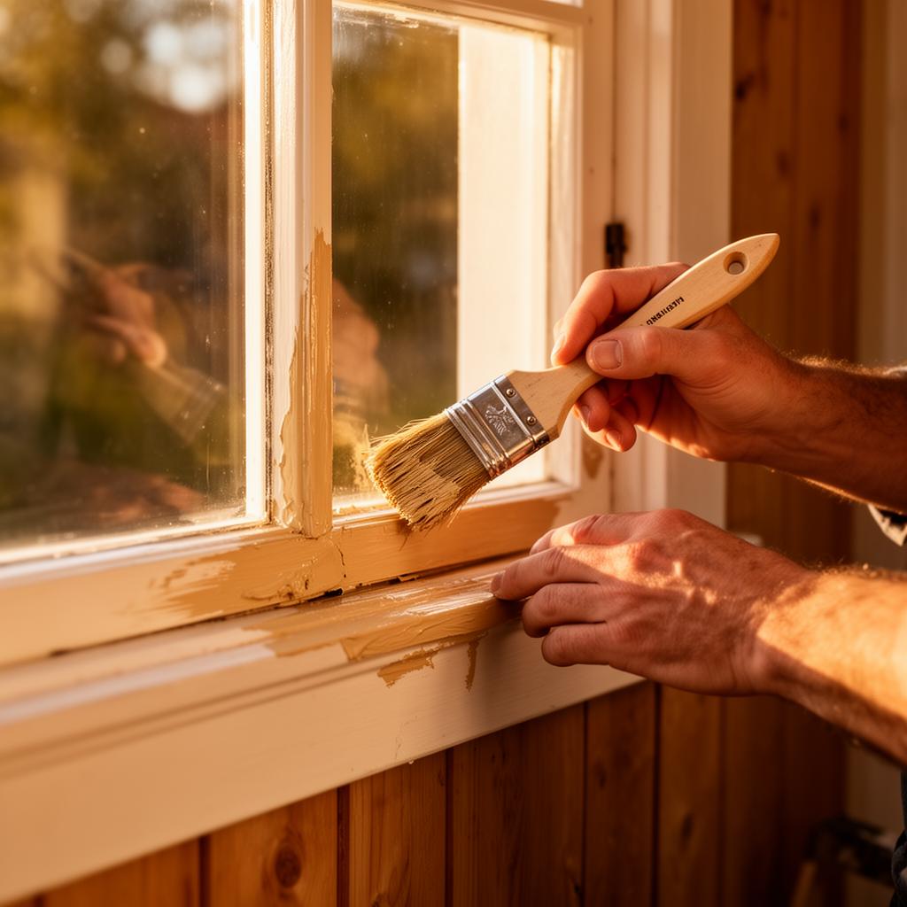 Maler fra Pallesen lakerer vinduesramme på sommerhus i Trustrup med varm beige finish